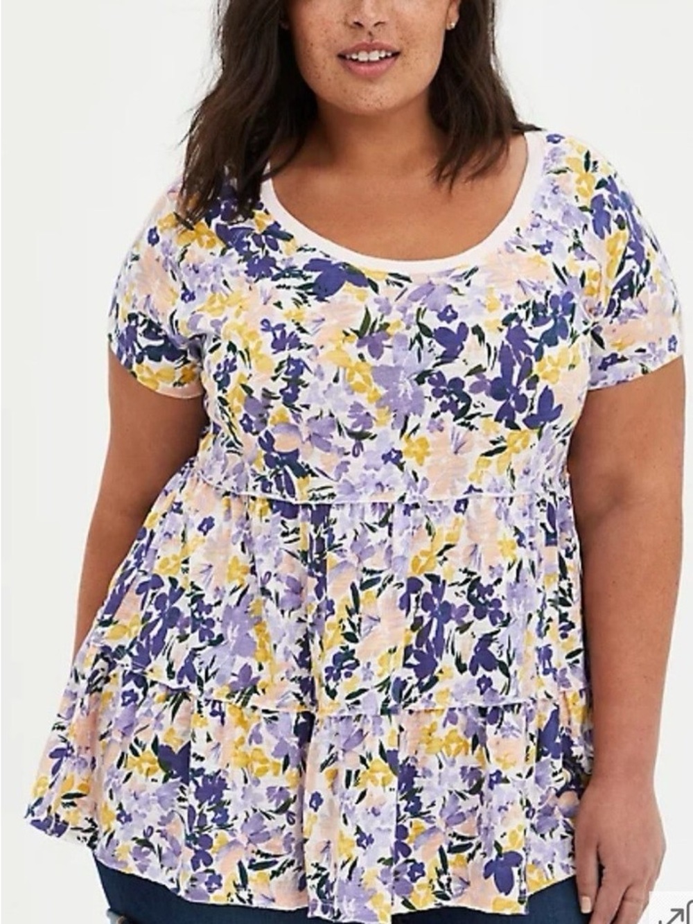Torrid Purple Pink Yellow Floral Tiered Babydoll Scoop Neckline Top Size 00 M/L